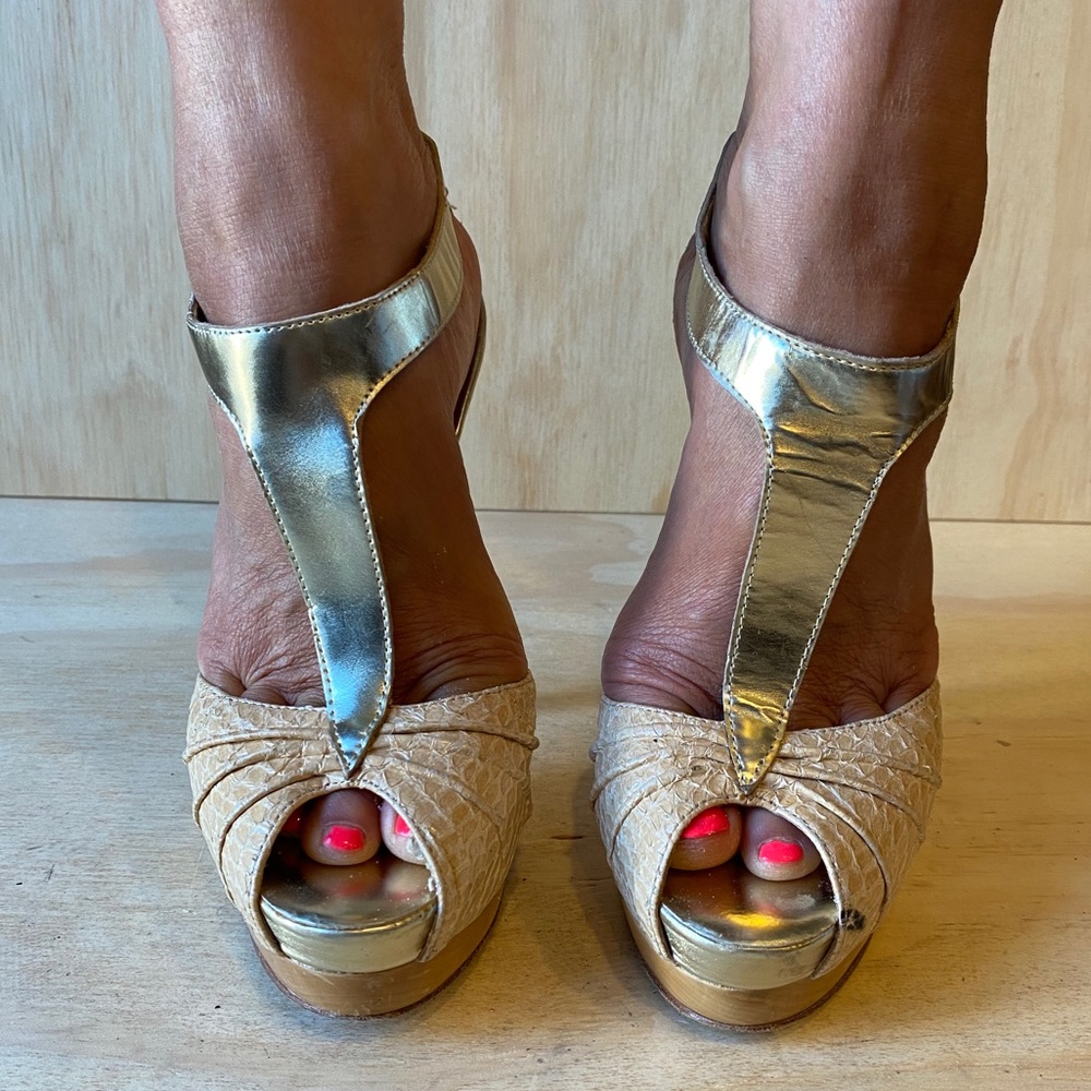 Bebe Gold and Cream Heels